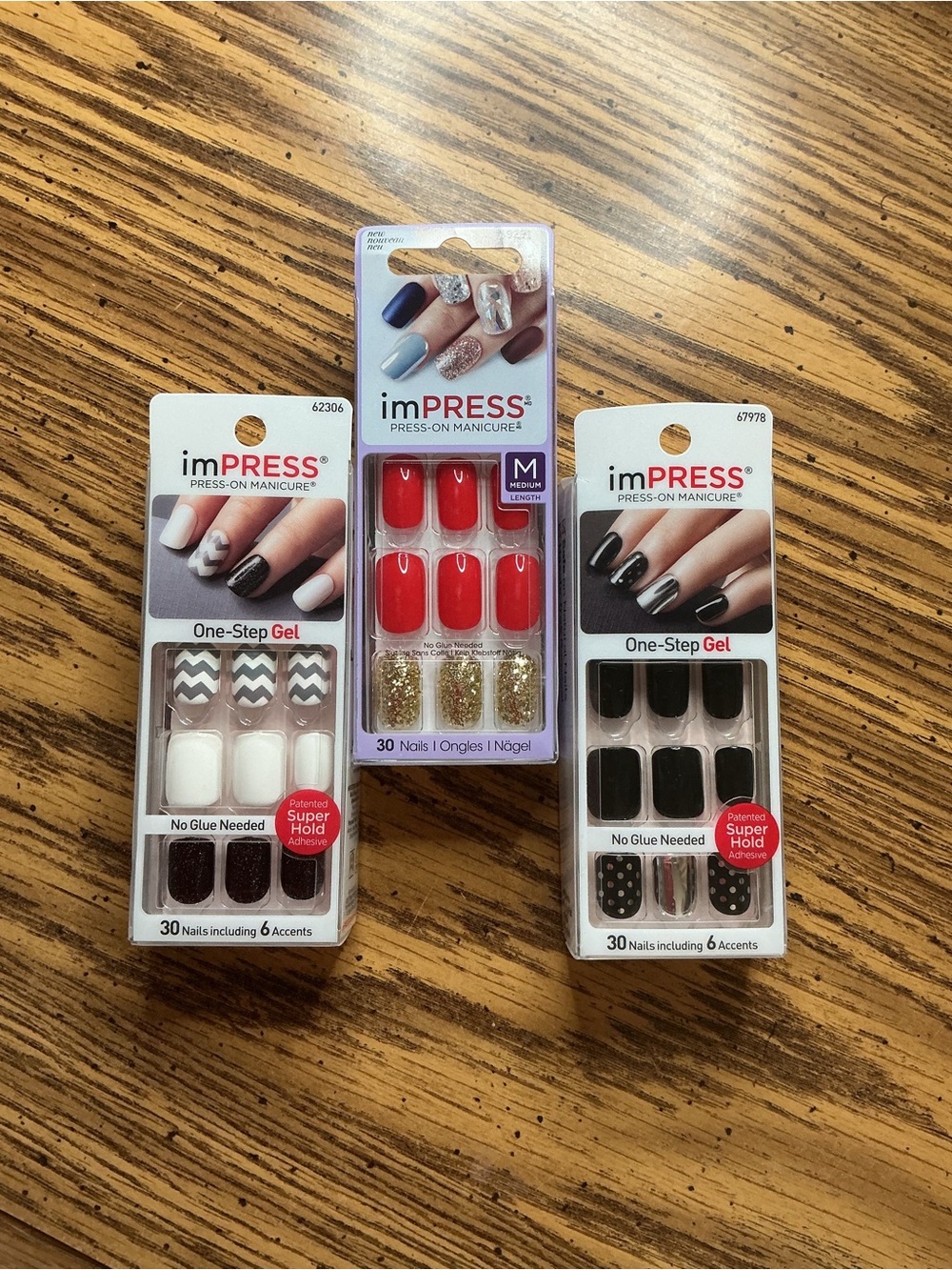 imPRESS One-Step Gel Press-On Nails – Red, Black, White & Gold Accent Sets